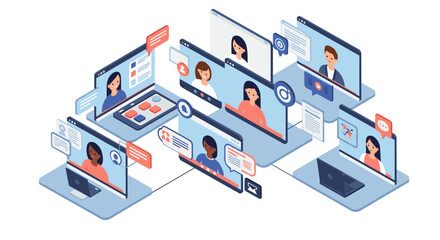 Poster - Online meeting concept vector illustration for remote work and virtual collaboration in isometric style
