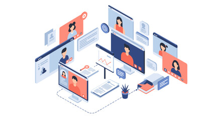 Poster - Virtual meeting isometric vector illustration for digital communication design