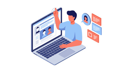 Fototapete - Online communication vector illustration for social media and networking design in isometric style