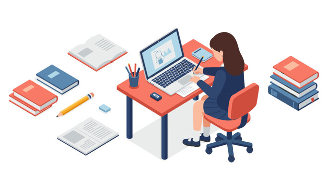 Student studying at desk: isometric vector illustration for educational design