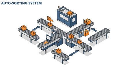 Poster - Isometric warehouse automation vector illustration: auto-sorting system design for technology posters