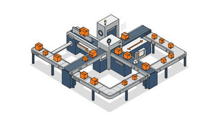 Poster - Warehouse system vector illustration: conveyor innovation for logistics poster in isometric style