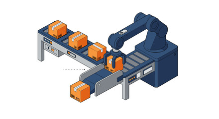Poster - Automated factory system vector illustration: industrial robotics for efficient packaging process in isometric style