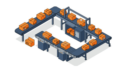 Poster - Isometric factory packaging line vector illustration for logistics concept design