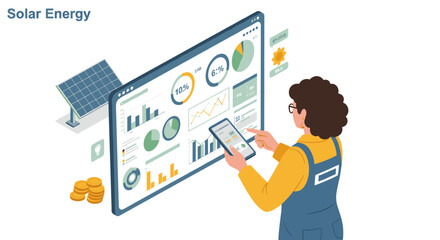 Poster - Vector illustration of solar energy analysis for renewable resource insights in flat isometric style