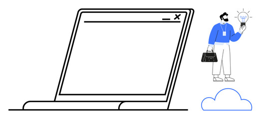 Poster - Open laptop screen, business professional holding lightbulb, minimal cloud icon. Ideal for innovation, teamwork, remote work, creativity, technology brainstorming cloud computing. Simple flat