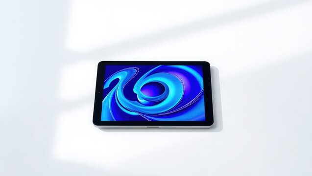 A tablet computer displays an abstract, swirling blue design against a white background.
