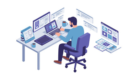 Poster - Remote work desk scene vector illustration for office productivity design in isometric style