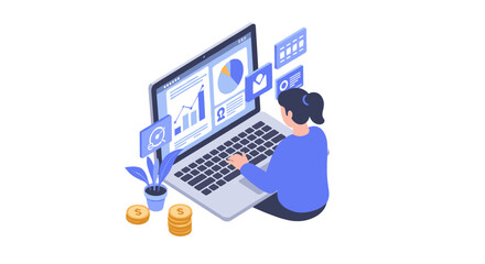 Poster - Business analytics with remote work in isometric vector illustration for digital solutions