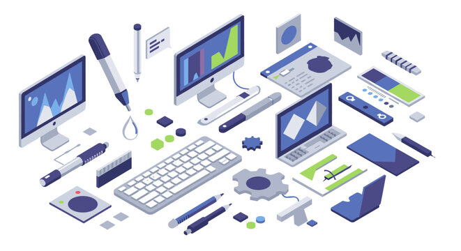 Isometric office workspace design vector illustration for digital and web projects