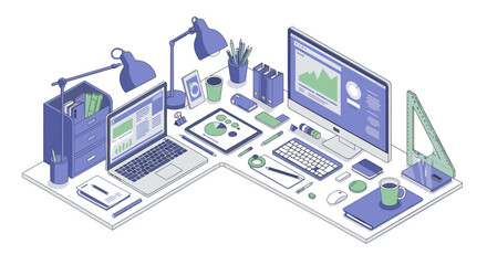 Poster - Modern workspace setup in isometric vector illustration for office design