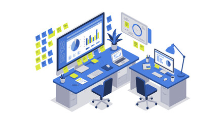Poster - Isometric office workspace vector illustration for business productivity and analytics design