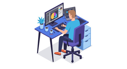 Poster - Isometric office workspace vector illustration for digital design concept
