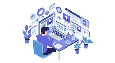 Poster - Isometric remote work concept vector illustration for digital communication and productivity
