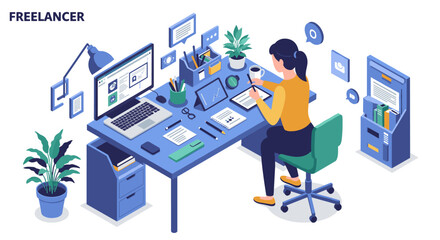 Poster - Freelancer workspace vector illustration: modern home office design for freelance projects, isometric style