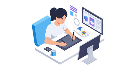 Poster - Graphic designer working at desk with digital tools vector illustration for office environment and creativity concept in isometric style