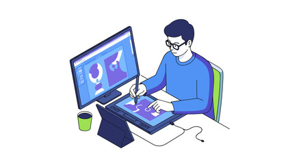 Poster - Digital artist workspace vector illustration for design professionals in modern isometric style