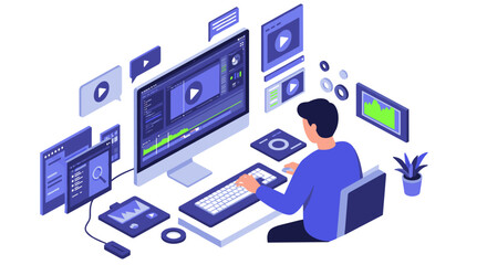 Poster - Video editing workspace vector illustration for digital design using isometric style