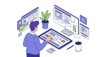 Poster - Office worker using digital devices for design – vector illustration in isometric style