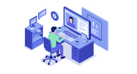 Poster - Remote work office setup vector illustration: isometric design for digital workspace concepts