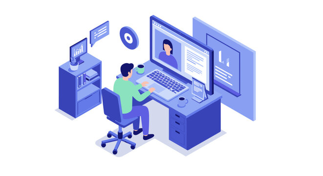 Remote work office setup vector illustration: isometric design for digital workspace concepts