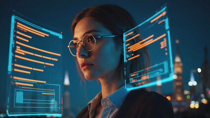 Wall Mural - Visionary of the Future: A tech-savvy woman immersed in the world of programming, surrounded by digital interfaces, gazing into the distance, embodying innovation and futuristic concept.