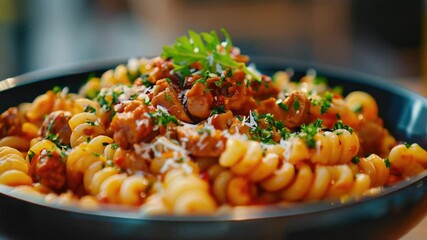 Aufkleber - A plate of homemade pasta served with ground beef and fresh parsley