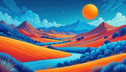 Poster - Vibrant landscape with sunset over mountains and river for computer backgrounds