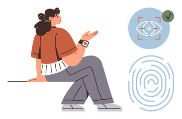 Poster - Woman gesturing with smartwatch, surrounded by fingerprint and iris scan verification symbols. Ideal for technology, cybersecurity, privacy, identity, access control, identification, user