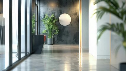 Poster - A long hallway with a single plant in a pot on the floor