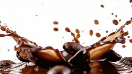 Poster - A splash of liquid and coffee beans on a white surface, ideal for food or beverage related designs