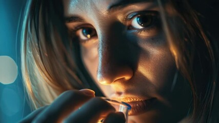 Poster - A woman is brushing her teeth with a toothbrush in a bathroom setting