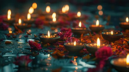 Poster - A collection of lit candles sitting on a table, perfect for use in scenes with warm lighting or as decorative elements