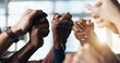 © peopleimages.com - Community, holding hands and business people in unity for support, faith and solidarity in office. Men, women or group together for prayer, collaboration and trust with commitment and praise
