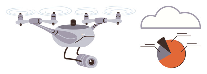 Poster - Drone with camera flying and analyzing data, connected to a cloud. Pie chart indicates data analysis. Ideal for technology, security, cloud computing, data storage, AI analytics automation. Simple