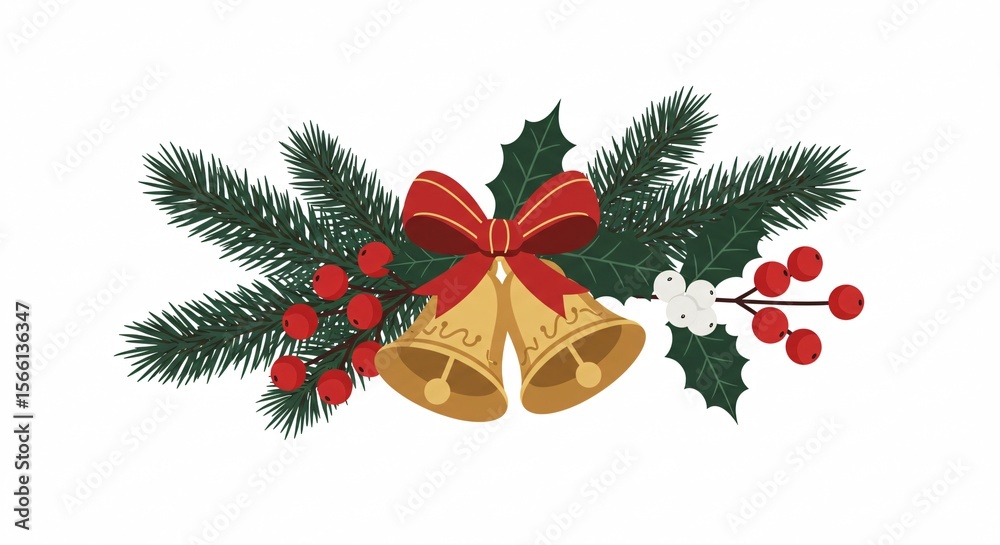 Festive Christmas Bells with Holly and Pine Wreath Illustration Stock ...