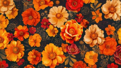 Poster - A bouquet of bright orange and yellow flowers against a dark black backdrop