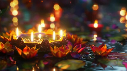 Poster - A lit candle placed on the surface of calm water, surrounded by large water lilies