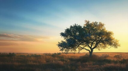 Poster - A single tree stands out against the warm orange and yellow hues of a sunset in an open field