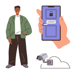 Poster - Hand holding smartphone unlocking door, man standing, and cloud-connected security camera. Ideal for smart technology, home automation, IoT, security solutions, digital access, surveillance simple