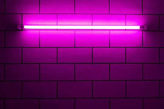 Purple neon light bulb on brick wall