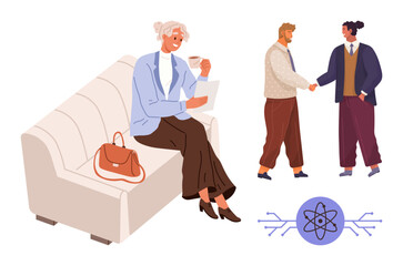 Poster - Woman sitting with a coffee and document, while two people shake hands nearby. Atom representation below signifies science, innovation, partnership, mentorship, teamwork, education connection. Ideal