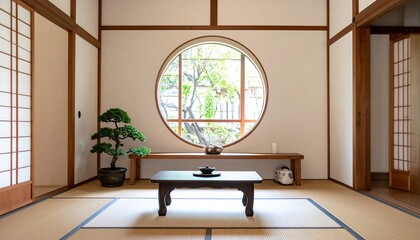 Poster - Japanese room with bonsai and circular window.