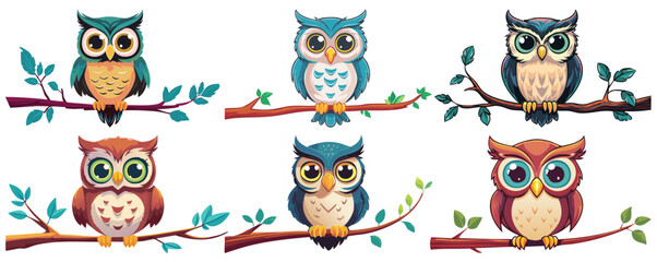 Cute illustration of a stylized owl sitting on a branch, with big eyes, and orange beak, Long-eared Owl, Great Horned owl