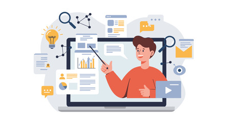 Fototapete - Business presentation concept with data analysis and communication elements vector illustration