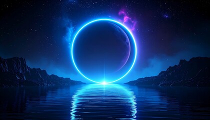 Poster - Neon circle over planet landscape.