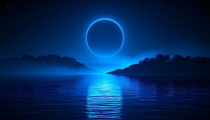 Poster - Neon circle over tranquil lake landscape.