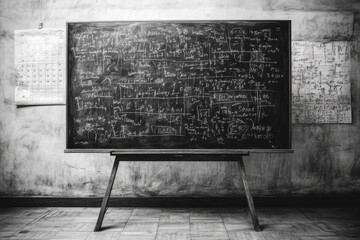 Poster - Math physics formulas on a chalkboard in a classroom setting with historic atmosphere, math physics formulas on chalkboard tilting