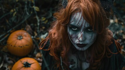 Poster - A person with bright red hair and makeup posing in a field of pumpkins, great for Halloween-themed designs or fall-related content