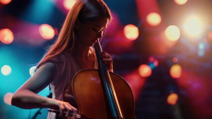 Poster - A musician performs on stage with her cello, perfect for music-related uses